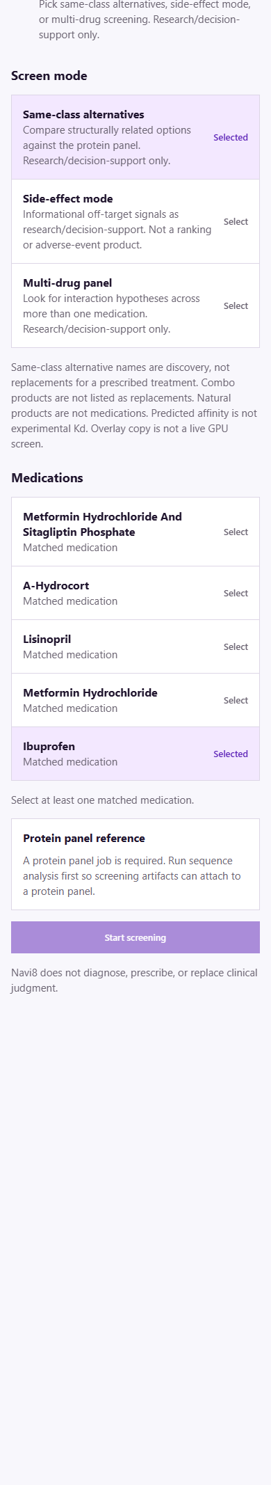 Navi8 app: Medication screening — choose same-class alternatives, side-effect mode or multi-drug panel