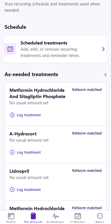 Navi8 app: Treatments list with RxNorm-matched medications